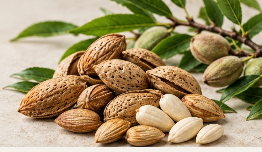 Bitter almonds in natural shell with almond kernels and green leaves